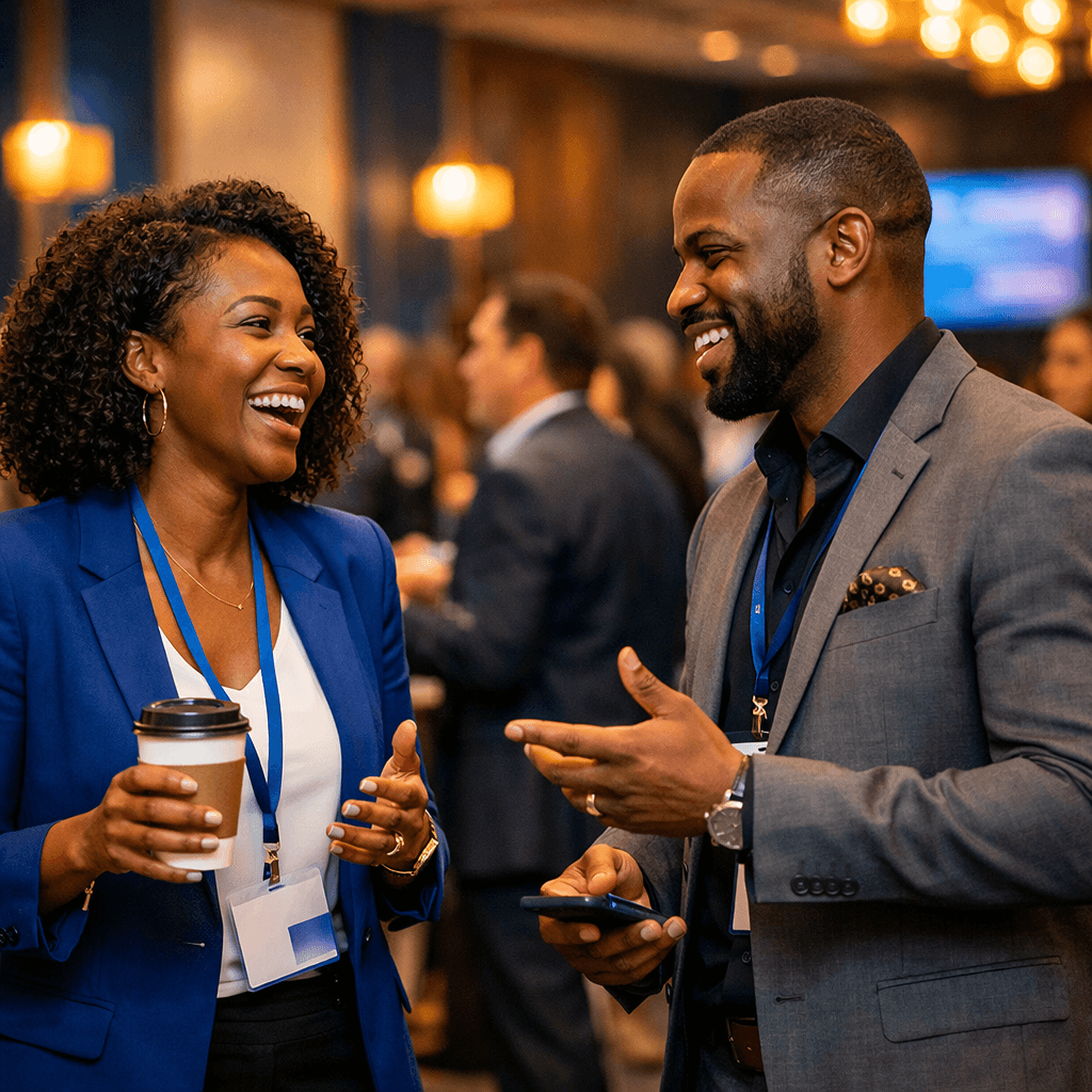 In a vibrant conference hall bustling with energy two Black professionals engage in a dynamic networking conversation amidst a backdrop of diverse att-1