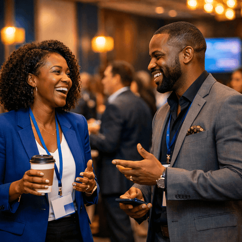 In a vibrant conference hall bustling with energy two Black professionals engage in a dynamic networking conversation amidst a backdrop of diverse att-1