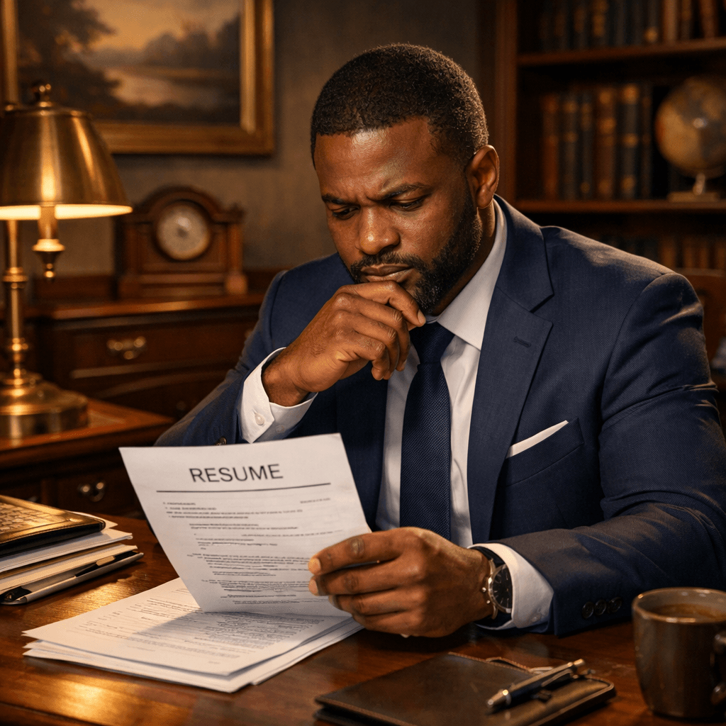 In a warmly lit modern office space a thoughtful Black man sits at a sleek wooden desk his brow furrowed in contemplation as he examines his resume Th-1