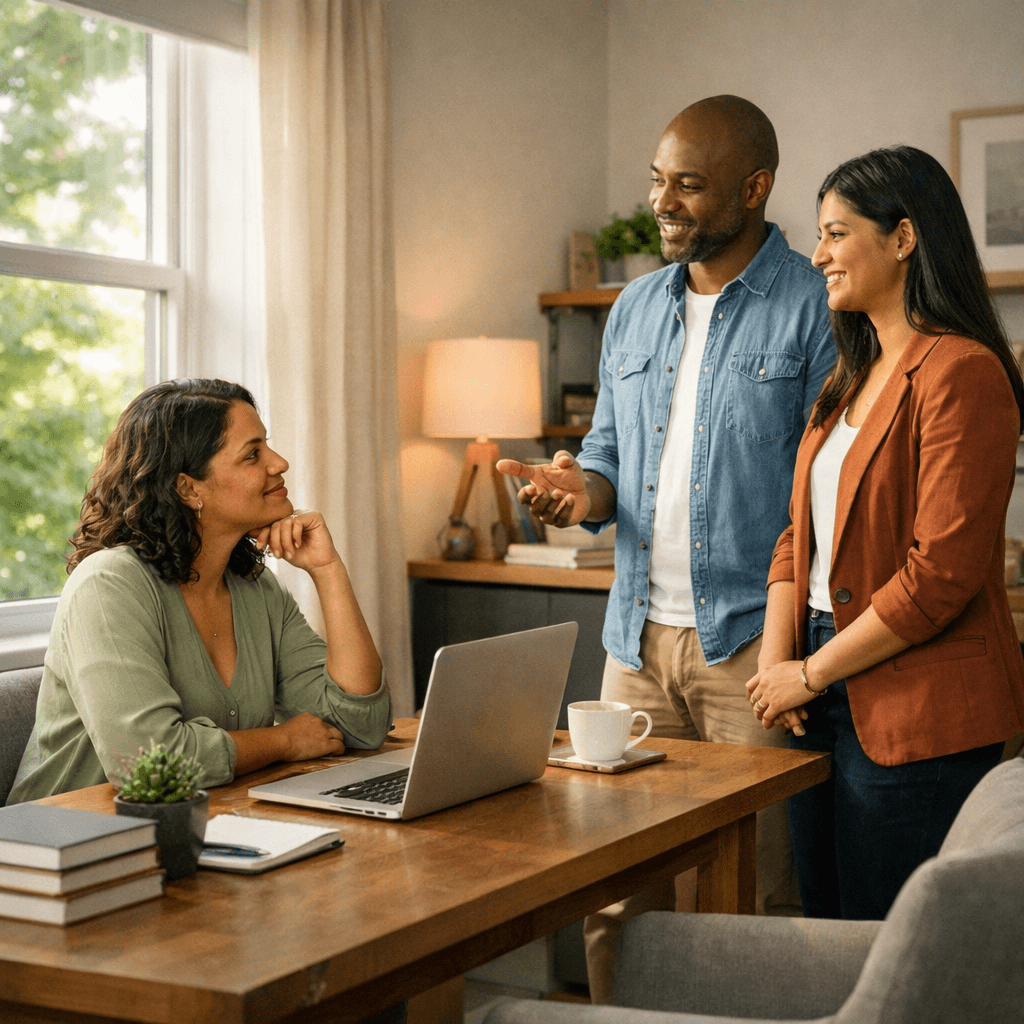 Serene Workspace with Greenery and Professionals Discussing-1