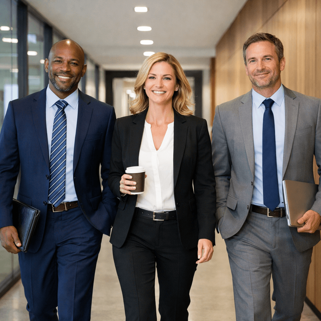 Three professionals walking together down a hall in an office buidling looking confident