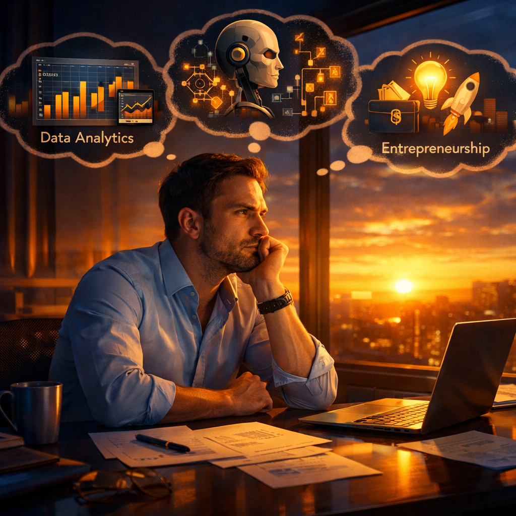 Mid-career professional planning an industry pivot using their graduate degree and career strategy resources