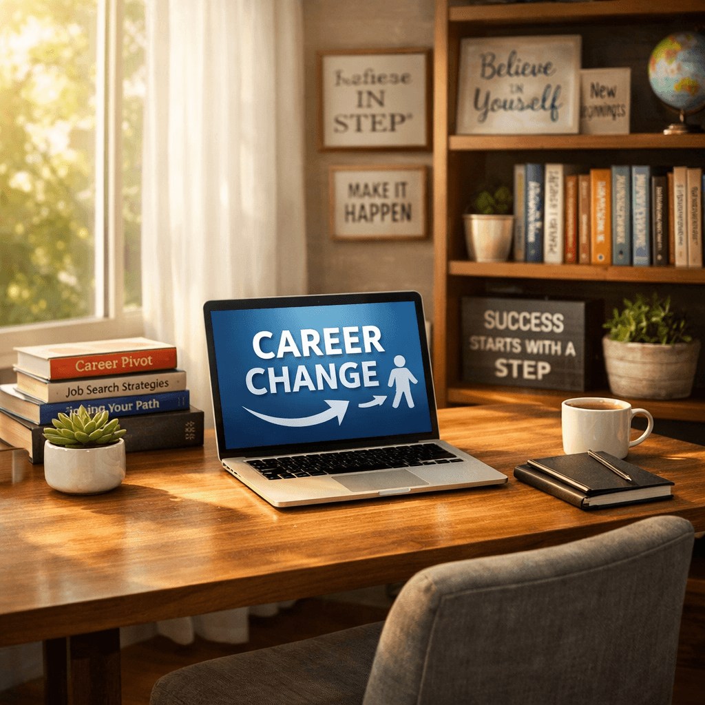 Desk with laptop featuring Career Change