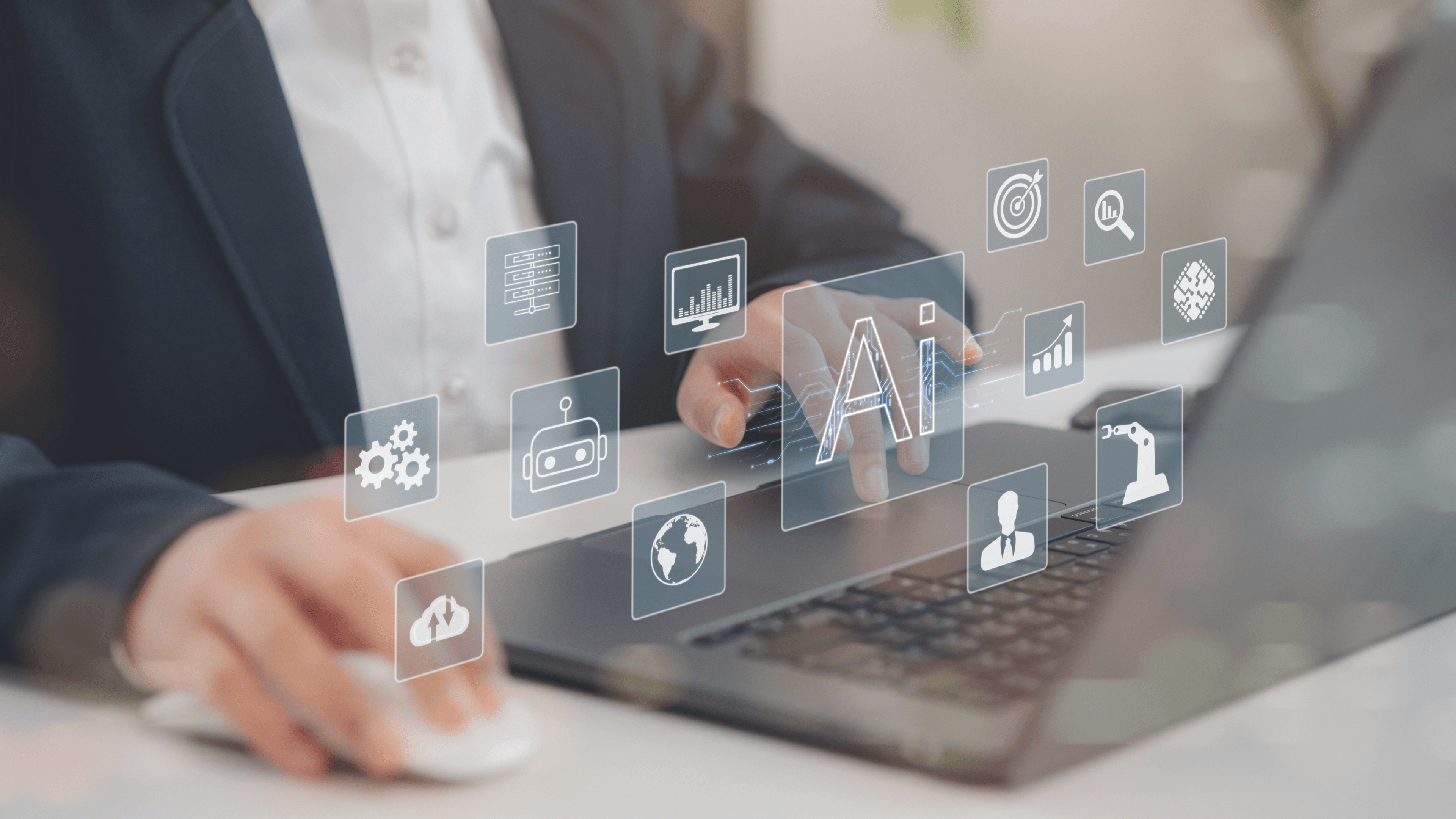 A person in business attire works on a laptop while digital icons representing AI, robotics, analytics, and automation float in front of the screen. The central icon highlights “AI” in bold letters.